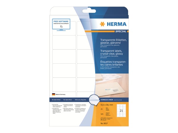 HERMA 8017, Läpinäkyvä, Itse kiinnittyvä tulostintarra, A4, Laser, Kiinteä, Kiilto