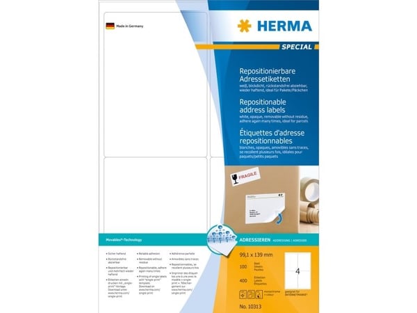HERMA Special - Papir - matt - flyttbart selv-adhesiv - hvit - 99.1 x 139 mm 400 etikett(er) (100 ark x 4 adresselapper