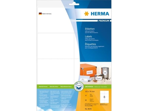 HERMA 8645, Valkoinen, Suorakulmio, Kiinteä, A4, Paperi, Matta