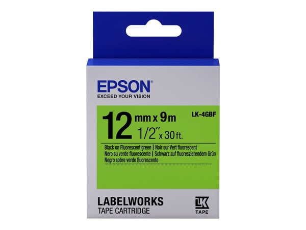 Epson LabelWorks LK-4GBF - Sort på grønt - Rull (1,2 cm x 9 m) 1 kassett(er) merketape - for LabelWorks LW-1000, 300, 400, 600, 700, 900, K400, Z50...