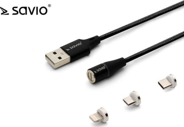 SAVIO CL-152 - Lade-/datakabelsett - USB hann til Micro-USB type B, Lightning, USB-C hann avtakbar og magnetisk - 1 m - svart