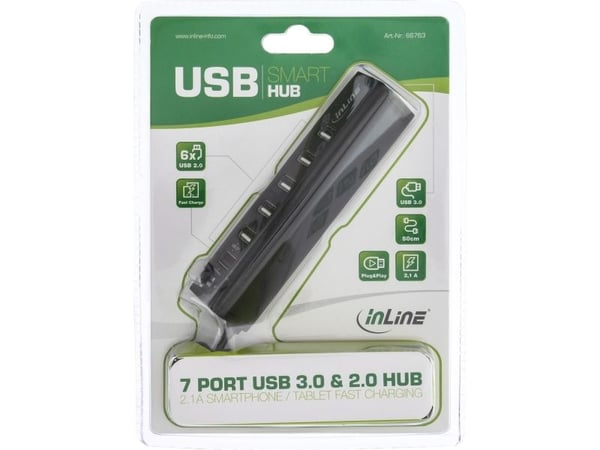 InLine 4043718232369, USB 3.2 Gen 1 (3.1 Gen 1) Type-A, USB 2.0, 5000 Mbit/s, Svart, ABS syntetisk, DC