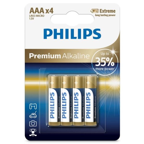Philips Premium Alkaline Batteri LR03M4B/10, Engangsbatteri, AAA, Alkalinsk, 1,5 V, 4 stykker, Cd (kadmium), Hg (kvikksølv), Pb (bly)