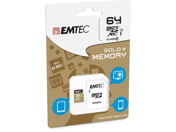 EMTEC Gold+ - Flashminnekort (SD-adapter inkludert) - 64 GB - Class 10 - microSD - gull