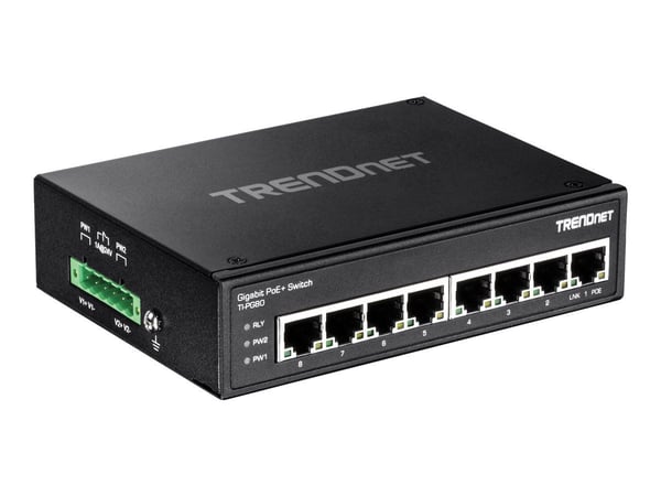 TRENDnet TI-PG80 - Switch - ikke-styrt - 8 x 100/1000/10000 - DIN-skinnemonterbar, veggmonterbar - PoE+ (200 W) - DC-strøm - TAA-samsvar