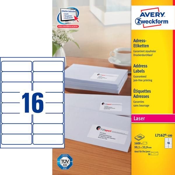 Adressetiketter, Avery L7162-100, 99,1 x 33,9 mm, 16 st per ark, 100 ark