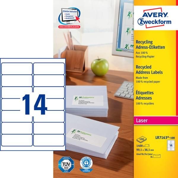 Avery QuickPEEL, Valkoinen, A4, 99,1 mm, 38,1 mm, 1400 kpl, 100 arkkia