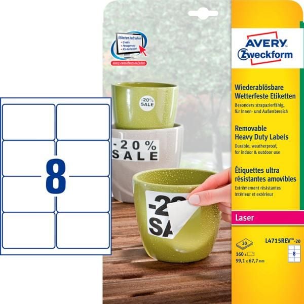 Etiketter Avery, sterk, 99,1 x 67,7 mm, pakke med 160 etiketter