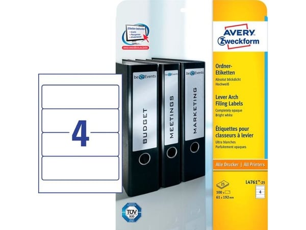 Avery File Folder Labels - Hvit - 192 x 61 mm 100 etikett(er) (25 ark x 4) filmappeetiketter