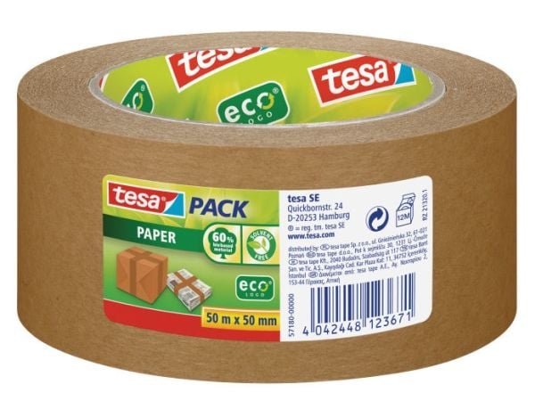 Tesapack Paper - Pakketape - 50 mm x 50 m - ubleket papir - brun
