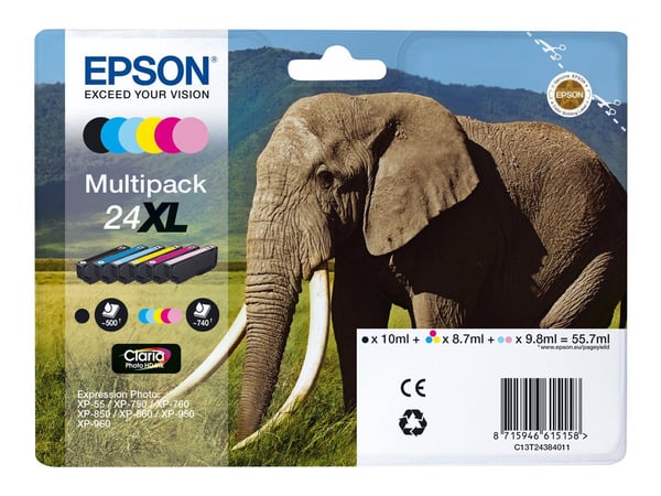 Epson 24XL Multipack - 6-pack - XL - svart, gul, cyan, magenta, ljus magenta, ljus cyan - original - bläckpatron - för Expression Photo XP-55, XP-7...