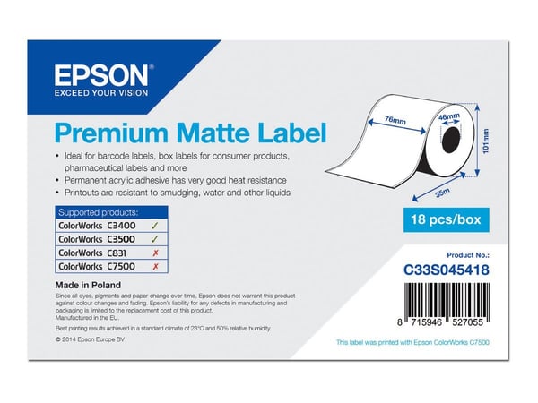 Epson Premium - Matt - Rull (7,6 cm x 35 m) 1 rull(er) sammenhengende etikettpapir - for Epson TM-C3400-LT; ColorWorks CW-C4000E (BK), CW-C4000E (M...