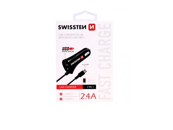 Swissten Micro-USB/USB, automaattinen, sikarin sytytin, 5 V, musta