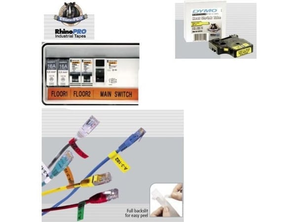 DYMO Rhino Coloured Vinyl - Vinyl - permanet adhesiv - hvitt på svart - Rull (1,2 cm x 5,5 m) 1 kassett(er) tape - for DYMO ILP219; Rhino 4200, 500...