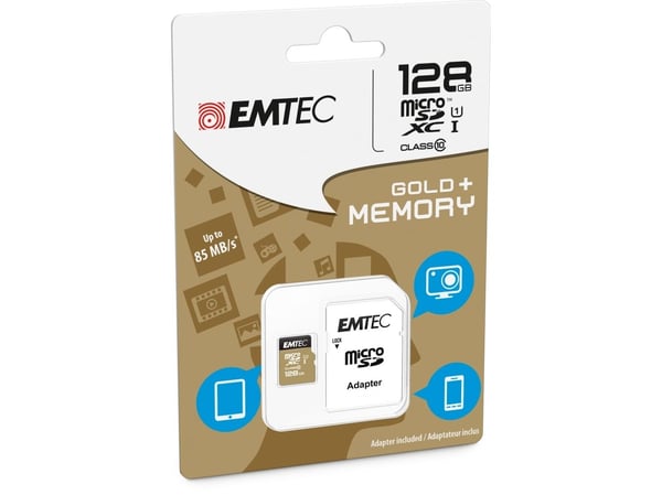 EMTEC Gold+ - Flashminnekort (SD-adapter inkludert) - 128 GB - Class 10 - microSD - gull