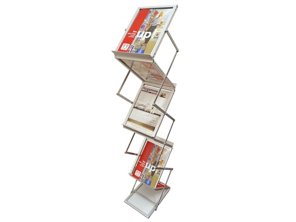 Brochure holder, Twinco Twin Light, 450x310x140mm A4 6 fag gulvmodel Z-shape, sølv Brochure holder, Twinco Twin Light, 450x310x140mm A4 6 fag gulvmodel Z-shape, sølv