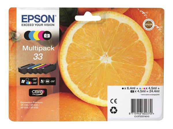 Epson 33 monipakkaus - 5 pakkausta - musta, keltainen, syaani, magenta, valokuvamusta - alkuperäinen - läpipainopakkaus - mustekasetti - Expression...