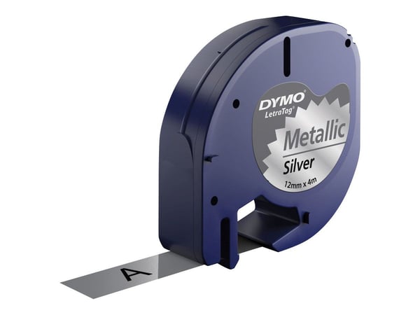 Labeltape DYMO® Letratag 12mm x 4m metallic sort på sølv