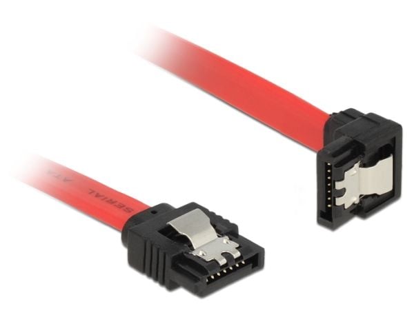 Delock - SATA-kabel - Serial ATA 150/300/600 - SATA (hann) til SATA (hann) - 10 cm - låst, 90° kontakt - rød