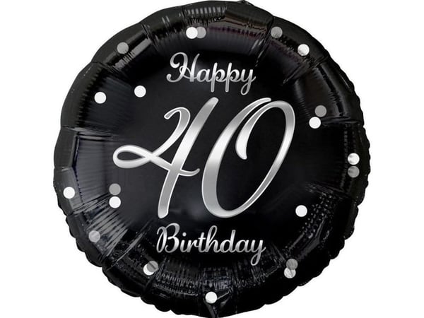 GoDan Happy 40 Birthday folieballong, svart, sølvtrykk, 18"