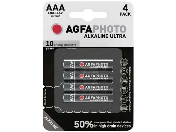 AgfaPhoto 110-821856, Engangsbatteri, AAA, Alkalinsk, 1,5 V, 4 stykker, Sort, Rød, Hvit