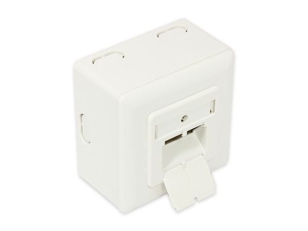 Nätuttag Cat. 6, 2xRJ45, skärmat, universal inkl. utanpåliggande dosa, designkompatibel, vertikal kabelinföring, pärlvitt RAL1013, Good Connections...