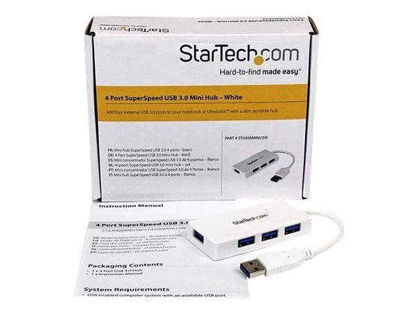 Startech 4 Port USB 3.0 Hub - Multi Port USB Hub w/ Built-in Cable - Powered USB 3.0 Extender for Your Laptop - White (ST4300MINU3W) - Hub - 4 x Su...