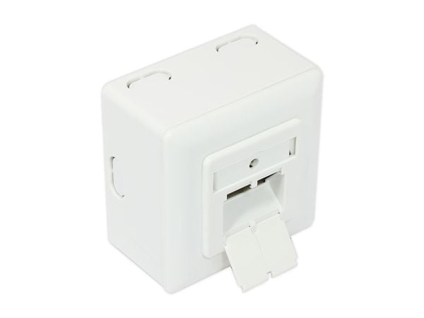 Verkkopistorasia Cat. 6, 2xRJ45, suojattu, universaali, sis. pinta-asennuskotelon, DESIGNF?HIG, pystysuora kaapeliläpivienti, signaalin valkoinen R...