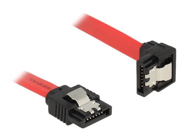 Delock - SATA-kabel - Serial ATA 150/300/600 - SATA (hann) til SATA (hann) - 10 cm - låst, 90° kontakt - rød