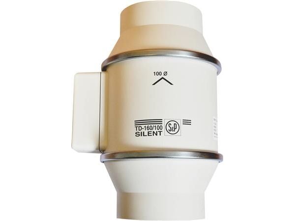 THERMEX Kanalventilator TD 160/100 Scandic (Silent), ø100 mm. Luftmgd. 180/140 m³/h v/0 Pa, energiforbruk 12-20 W. Monteres vandret/lodret.