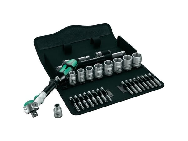Wera Tools 05004046001, pipenøkkelsett, 29 stk, sort, grønn, skrallehåndtak, 3/8", 8,10,12,13,15,16,17,18,19 mm