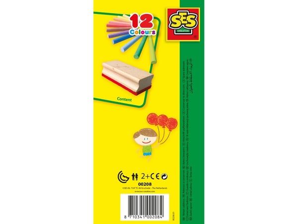 SES Creative Coloured chalk with wiper, 12 kpl, Monivärinen, 12 väriä
