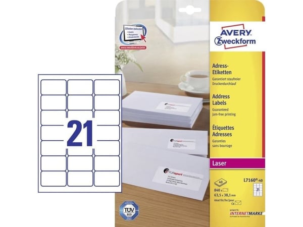 Avery - Hvit - 63.5 x 38.1 mm 840 etikett(er) (40 ark x 21) adresselapper