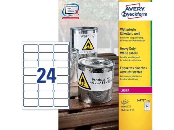 Avery L4773-100, Hvit, Avrundet rektangel, Permanent, 63.5 x 33.9 mm, A4, Polyester