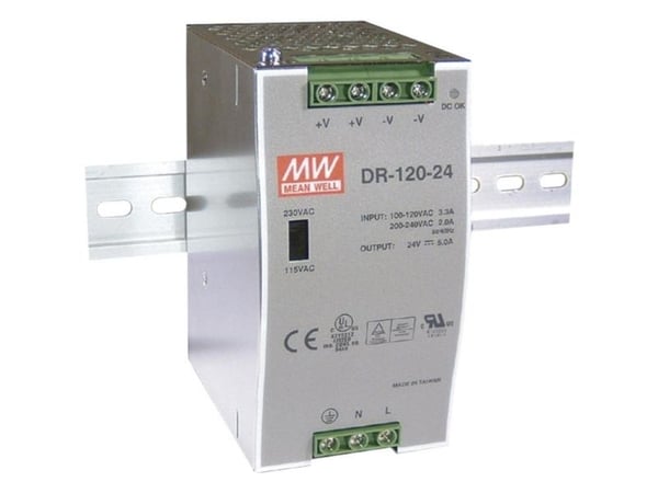 MEAN WELL DR-120-12, 120 W, 170 - 264 V, 47 - 63 Hz, 36 ms, 80%, Over-spenning (volt), Overoppheting, Overbelastning, Kortslutning