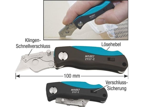 HAZET Mini utility knife, Klappkniv med lås, Klipp punkt, ABS syntetisk, Sort, Lyseblå, 10 cm, 5,7 cm