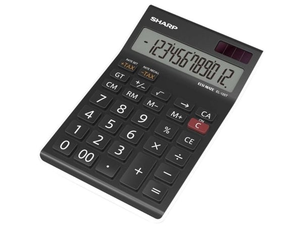 Sharp EL-125T benk-kalkulator, sort display (innstilling): 12-sifret solcelle- og batteridrift (112 x 13 x 176 mm)