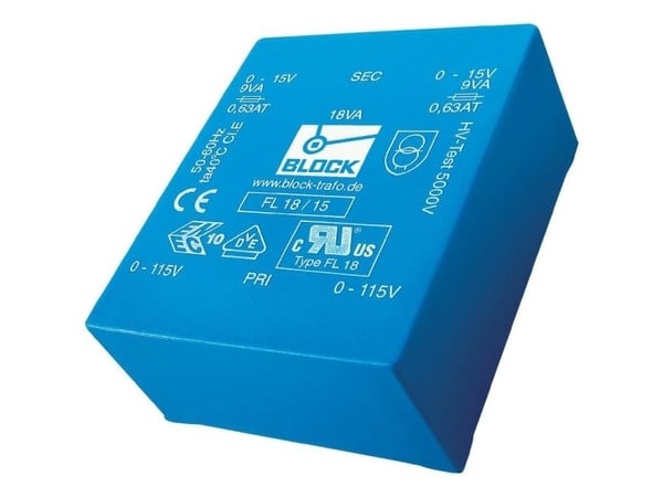 Block FL 18/9 printtransformator 2 x 115 V, 2 x 9 V/AC, 18 VA, 1.0 A