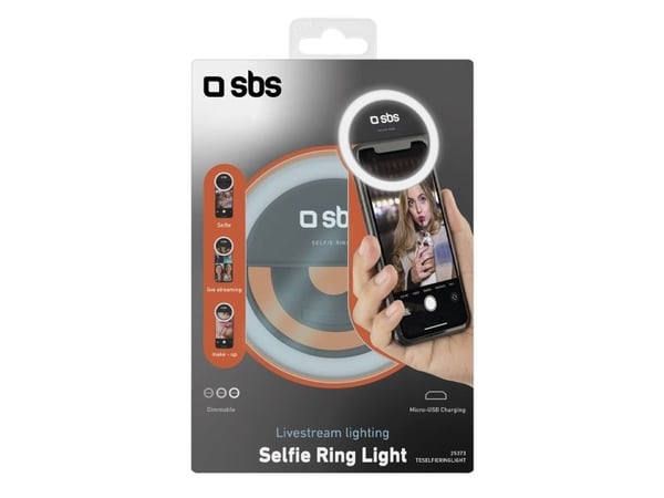 SBS TESELFIERINGLIGHT, LED, Sort, Batteri, Micro-USB, 93 g, 30 mm