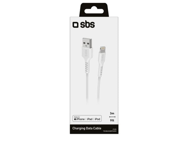 SBS TECABLEUSBIP5389W, 3 m, Lightning, USB A, Hankjønn, Hankjønn, Hvit