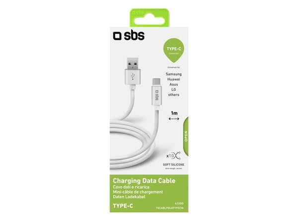 SBS TECABLPOLOTYPECW, 1 m, USB A, USB C, USB 2.0, Valkoinen