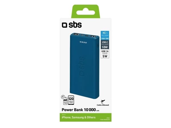 SBS hurtigtopladende powerbank. 10,000 mAh. Blå