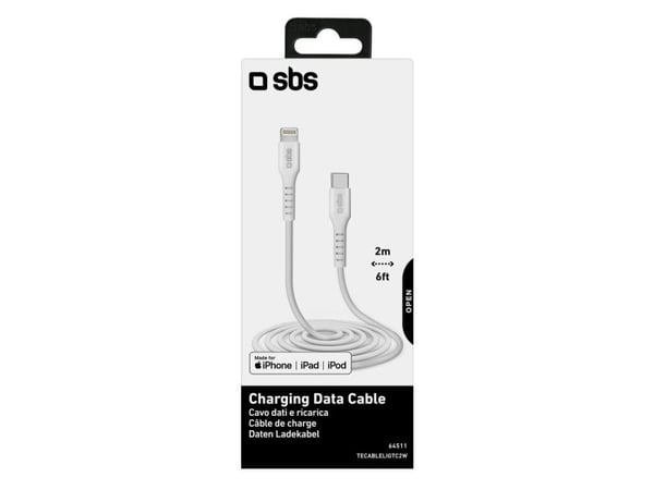 SBS TECABLELIGTC2W, 2 m, Lightning, USB C, Hankjønn, Hankjønn, Hvit