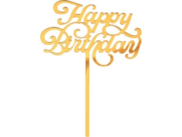 GoDan akryldekorasjon til kake Happy Birthday, gull