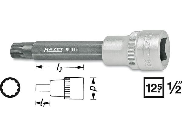 HAZET 990LG-9, 1 stykker, 25,4 / 2 mm (1 / 2"), Stål, 100 mm, 112 g