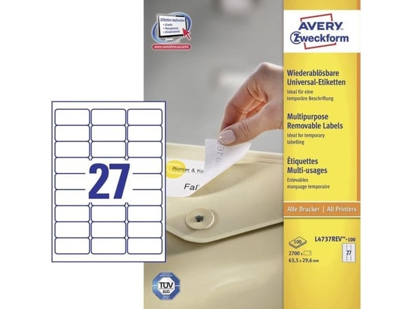 Avery L4737REV-100, hvit, avrundet rektangel, avtakbar, 63,5 x 29,6 mm, A4, papir