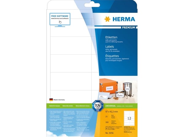 HERMA Premium - Papir - matt - permanent selv-adhesiv - hvit - 97 x 42.3 mm 300 etikett(er) (25 ark x 12) laminerte etiketter