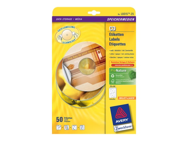 Avery CD/DVD-etiketter - Hvit - 117 mm rund 50 etikett(er) (25 ark x 2) CD/DVD-etiketter