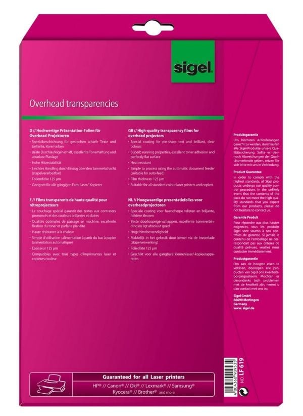 Sigel LF619 - 125 mikroner - A4 (210 x 297 mm) 20 ark overhead-transparenter