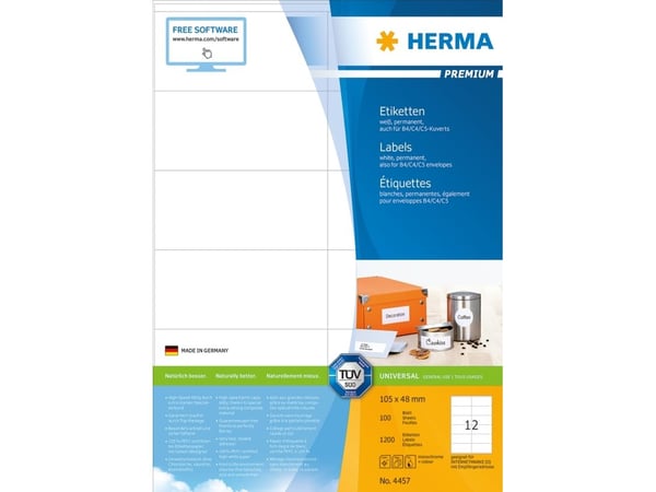 HERMA Premium - Papir - matt - permanent selv-adhesiv - hvit - 105 x 48 mm 1200 etikett(er) (100 ark x 12) laminerte etiketter